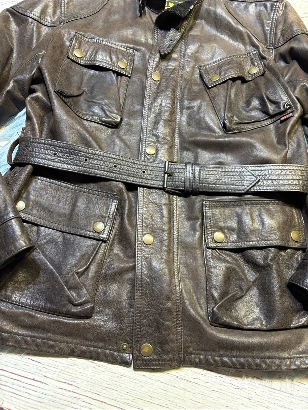 Belstaff Brown Leather Belted Military Field Motorcycle Jacket sz XL
